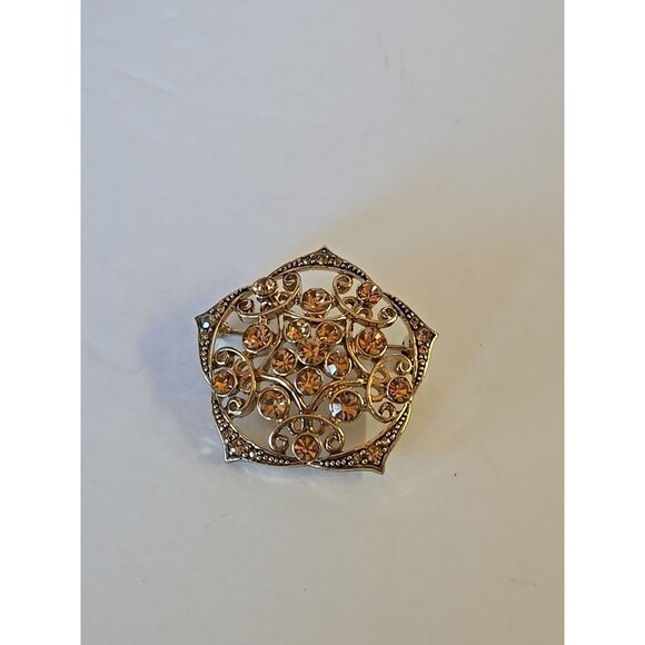 Monet Signed Amber Brown Rhinestone Goldtone Domed Pentagonal Pin Brooch - Picture 1 of 7